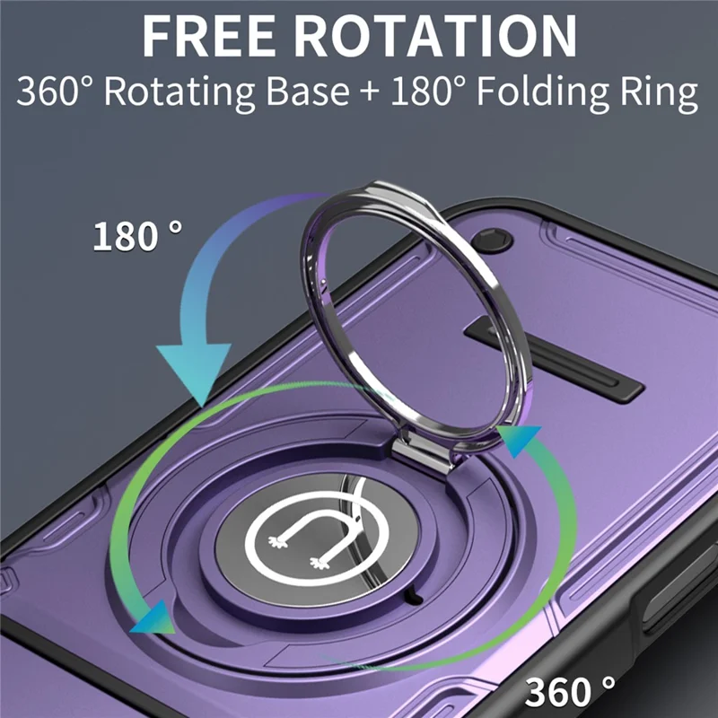 Capa para iPhone 16 Pro Max com Cobertura de Câmara Deslizante, Anel Suporte PC + TPU - Roxo
