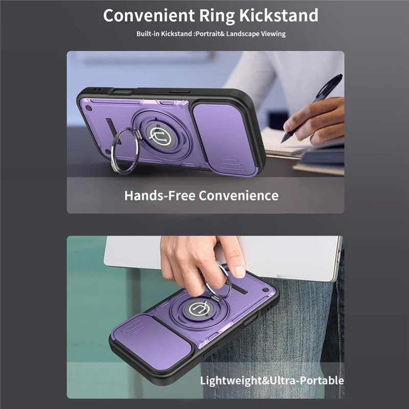 Capa para iPhone 16 Pro Max com Cobertura de Câmara Deslizante, Anel Suporte PC + TPU - Roxo