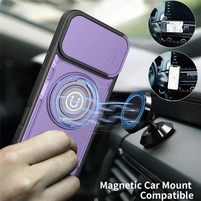 Capa para iPhone 16 Pro Max com Cobertura de Câmara Deslizante, Anel Suporte PC + TPU - Roxo