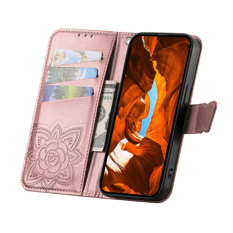 For Natural AI Phone Case with Strap Butterfly Pattern PU Leather Wallet Phone Cover - Rose Gold