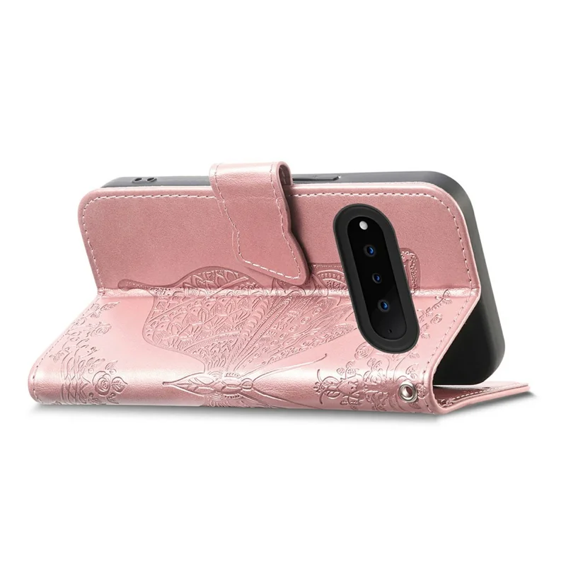 For Natural AI Phone Case with Strap Butterfly Pattern PU Leather Wallet Phone Cover - Rose Gold