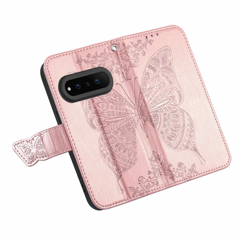 For Natural AI Phone Case with Strap Butterfly Pattern PU Leather Wallet Phone Cover - Rose Gold