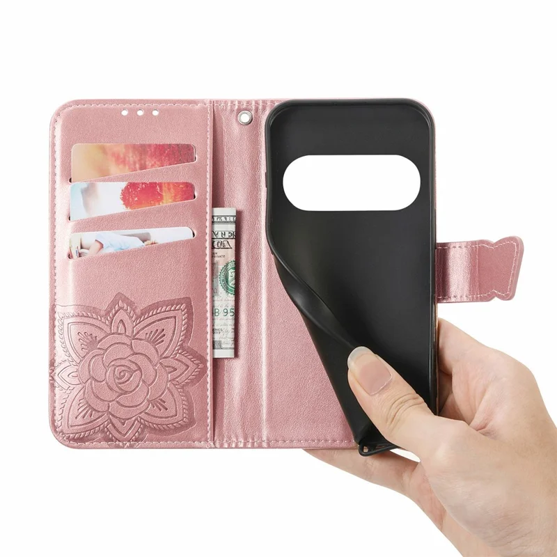 For Natural AI Phone Case with Strap Butterfly Pattern PU Leather Wallet Phone Cover - Rose Gold