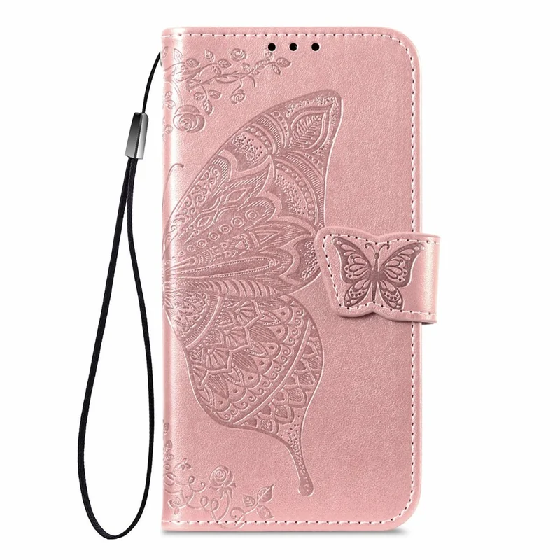 For Natural AI Phone Case with Strap Butterfly Pattern PU Leather Wallet Phone Cover - Rose Gold
