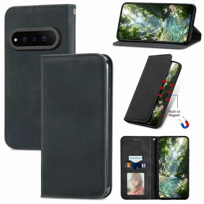For Natural AI Phone Leather Case with Card Holder Magnetic Absorption Phone Cover - Black