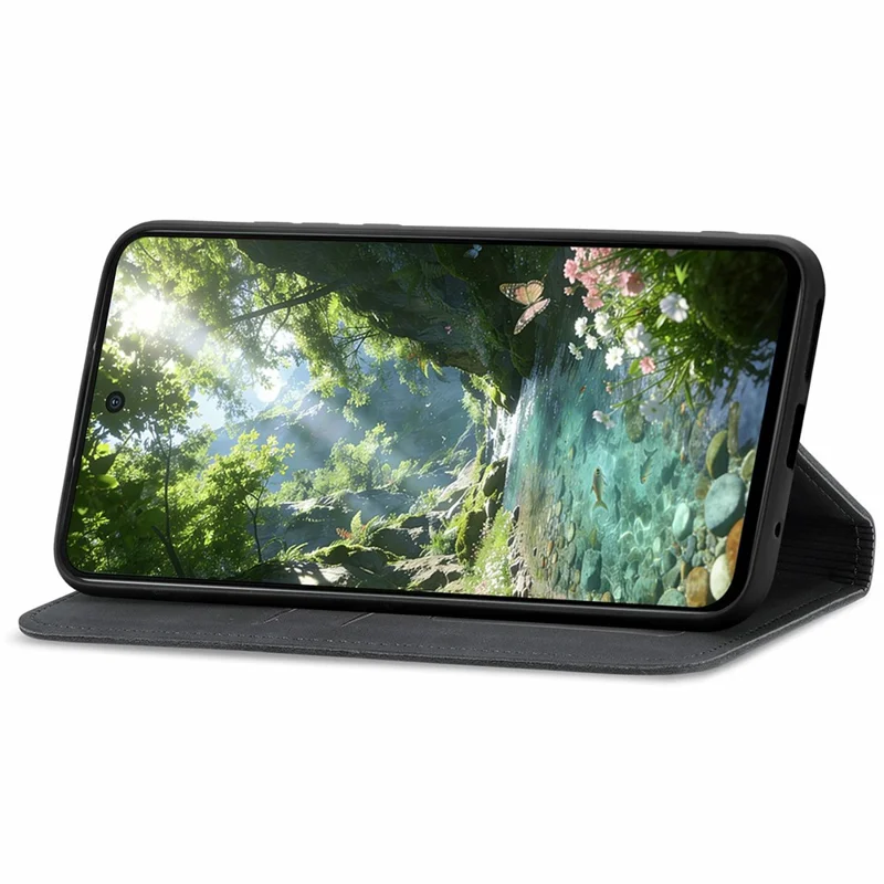 For Natural AI Phone Leather Case with Card Holder Magnetic Absorption Phone Cover - Black