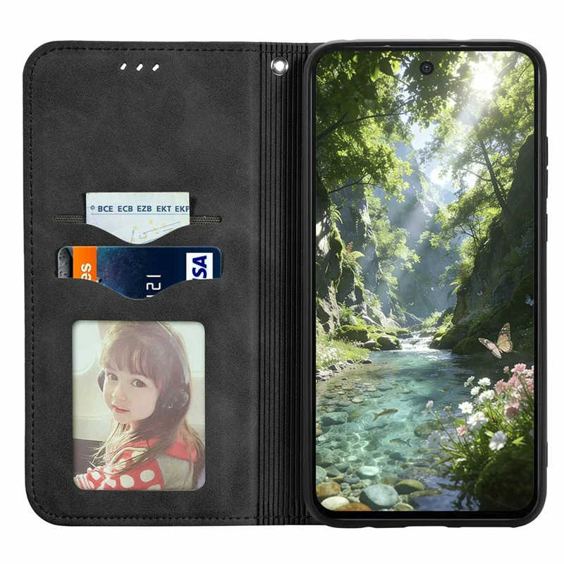 For Natural AI Phone Leather Case with Card Holder Magnetic Absorption Phone Cover - Black