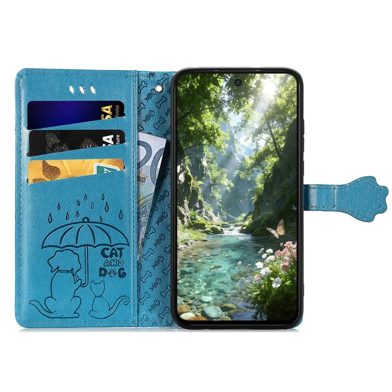 For Natural AI Phone Case Flip Wallet Leather Phone Cover with Cute Cat Dog Pattern - Blue