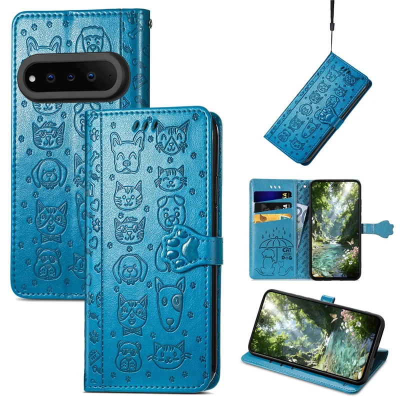 For Natural AI Phone Case Flip Wallet Leather Phone Cover with Cute Cat Dog Pattern - Blue