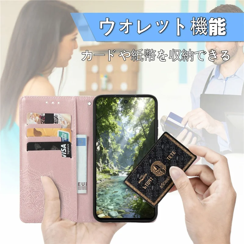 For Natural AI Phone Wallet Case Mandala Flower Leather Phone Cover Stand - Rose Gold