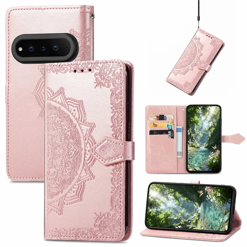 For Natural AI Phone Wallet Case Mandala Flower Leather Phone Cover Stand - Rose Gold