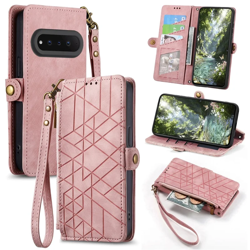 For Natural AI Phone Case Zipper Wallet Geometry Lines Leather Phone Cover with Strap - Pink