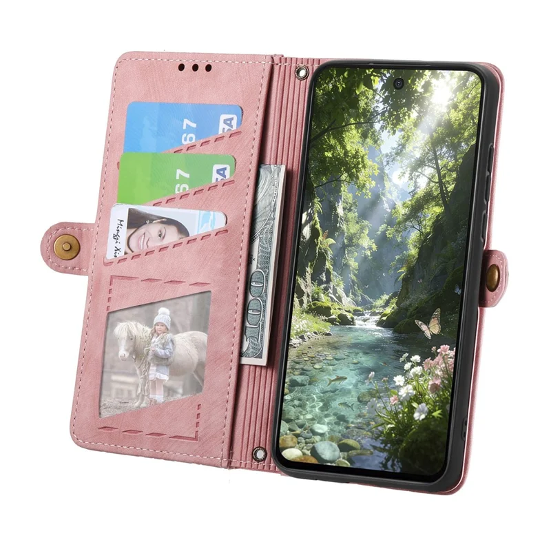 For Natural AI Phone Case Zipper Wallet Geometry Lines Leather Phone Cover with Strap - Pink