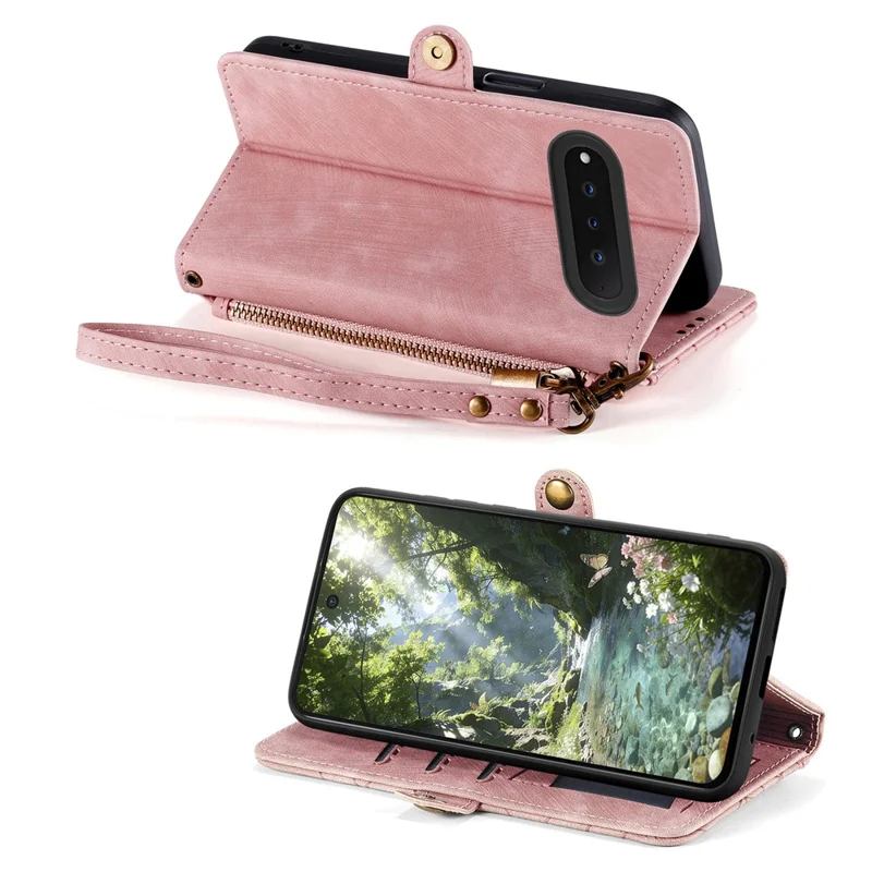 For Natural AI Phone Case Zipper Wallet Geometry Lines Leather Phone Cover with Strap - Pink