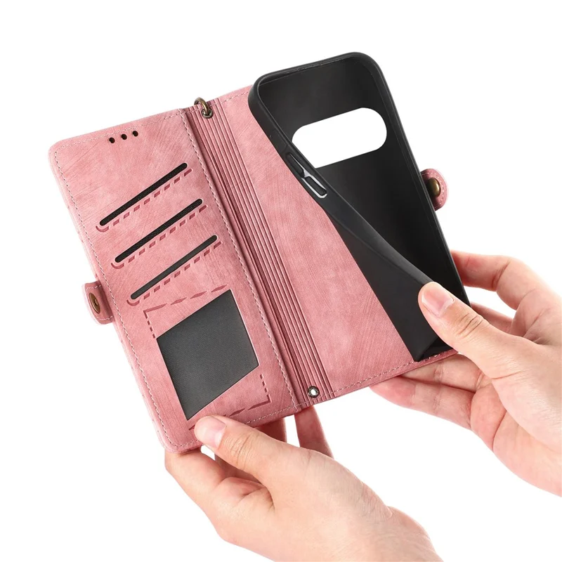 For Natural AI Phone Case Zipper Wallet Geometry Lines Leather Phone Cover with Strap - Pink