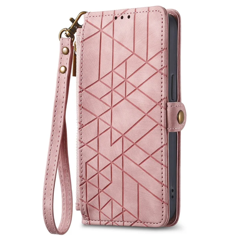 For Natural AI Phone Case Zipper Wallet Geometry Lines Leather Phone Cover with Strap - Pink