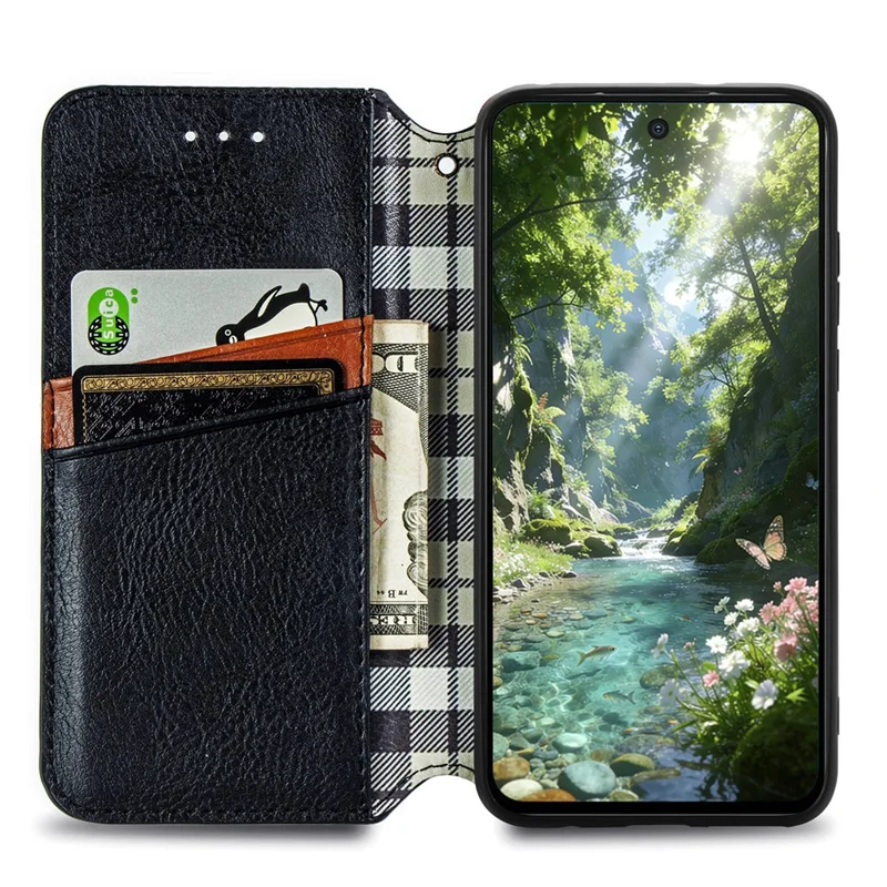 For Natural AI Phone Case Rhombus Imprint PU Leather Wallet Phone Cover - Black