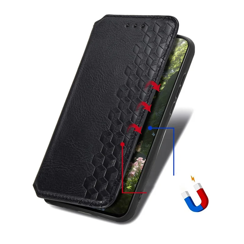 For Natural AI Phone Case Rhombus Imprint PU Leather Wallet Phone Cover - Black