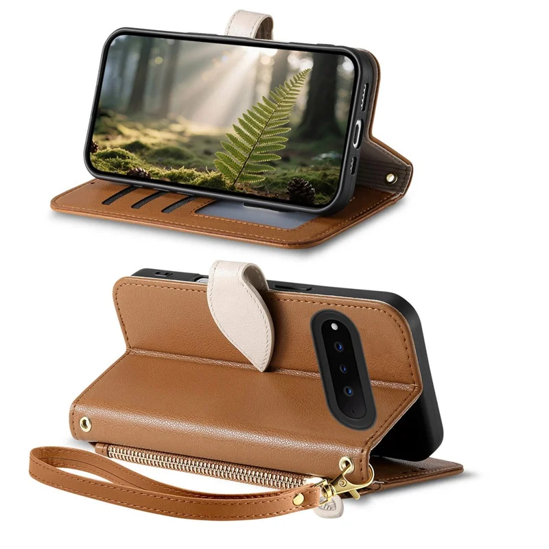 For Natural AI Phone Stand Case Leaf Shape Magnetic Clasp Leather Phone Cover with Hand Strap - Brown