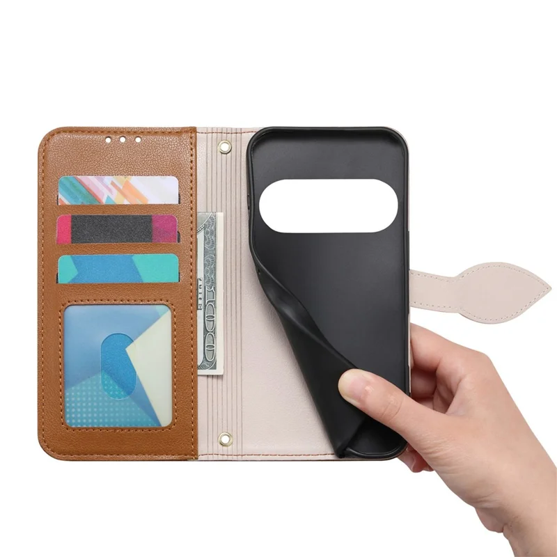 For Natural AI Phone Stand Case Leaf Shape Magnetic Clasp Leather Phone Cover with Hand Strap - Brown
