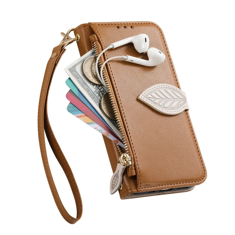 For Natural AI Phone Stand Case Leaf Shape Magnetic Clasp Leather Phone Cover with Hand Strap - Brown