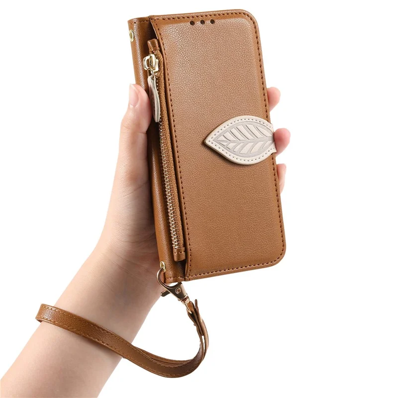 For Natural AI Phone Stand Case Leaf Shape Magnetic Clasp Leather Phone Cover with Hand Strap - Brown