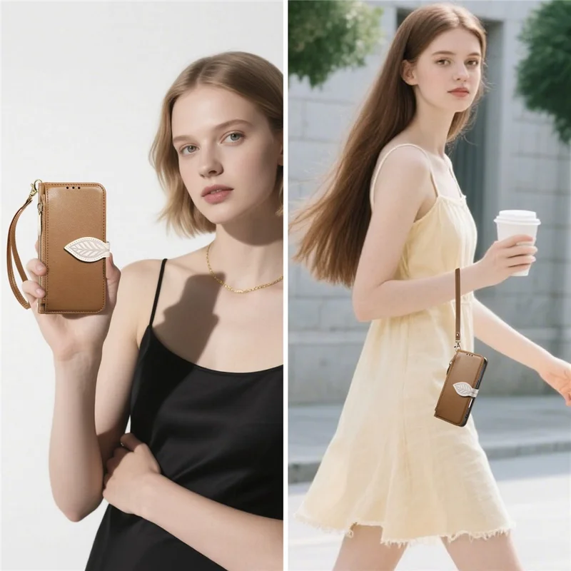 For Natural AI Phone Stand Case Leaf Shape Magnetic Clasp Leather Phone Cover with Hand Strap - Brown