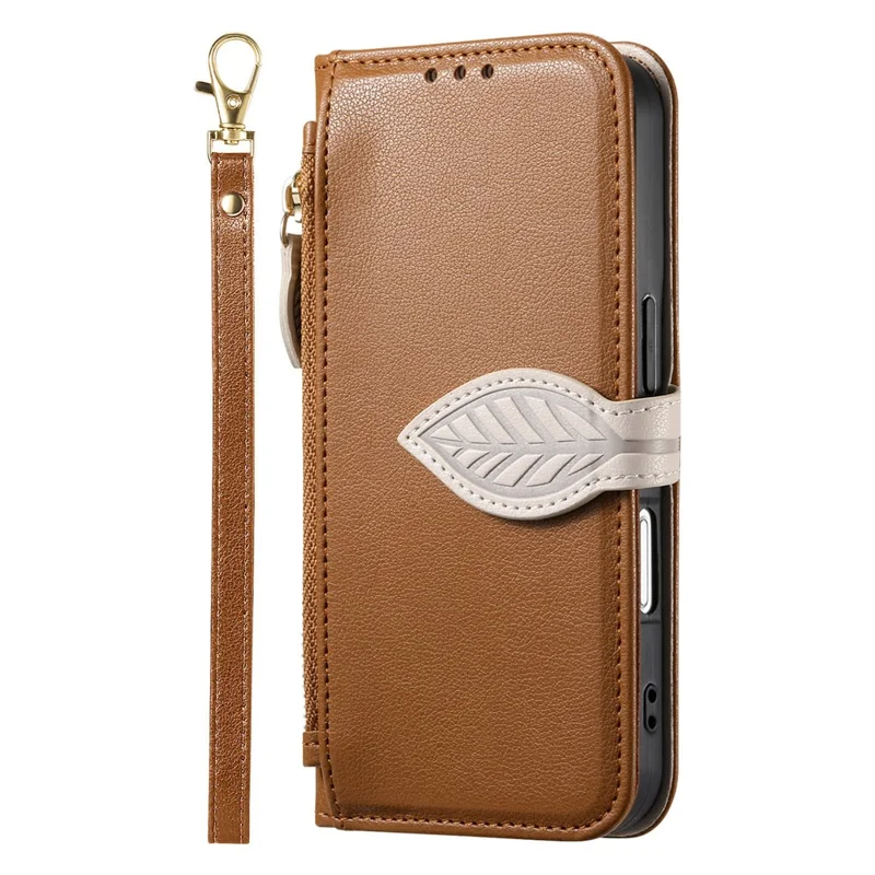 For Natural AI Phone Stand Case Leaf Shape Magnetic Clasp Leather Phone Cover with Hand Strap - Brown