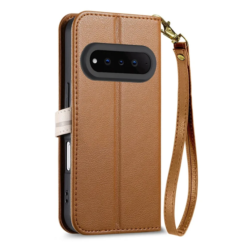 For Natural AI Phone Stand Case Leaf Shape Magnetic Clasp Leather Phone Cover with Hand Strap - Brown