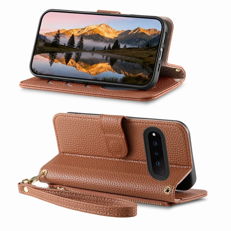 For Natural AI Phone Case Zipper Pocket TPU PU Leather Wallet Phone Cover with Strap - Brown