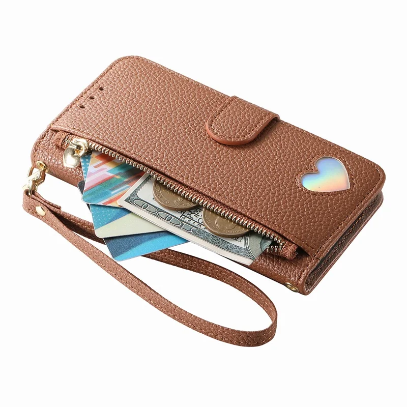 For Natural AI Phone Case Zipper Pocket TPU PU Leather Wallet Phone Cover with Strap - Brown