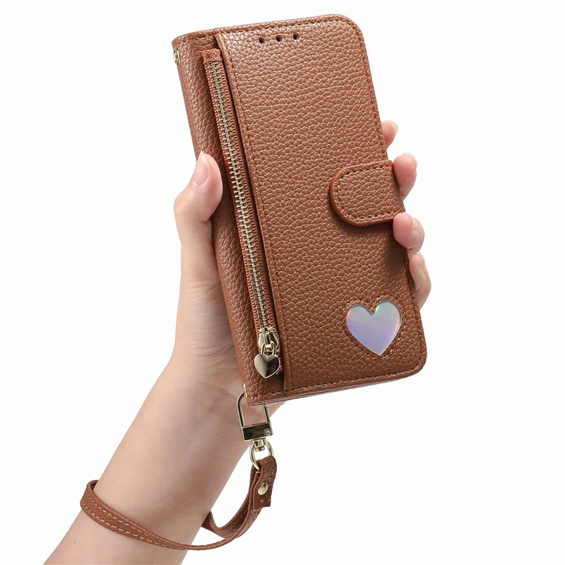 For Natural AI Phone Case Zipper Pocket TPU PU Leather Wallet Phone Cover with Strap - Brown