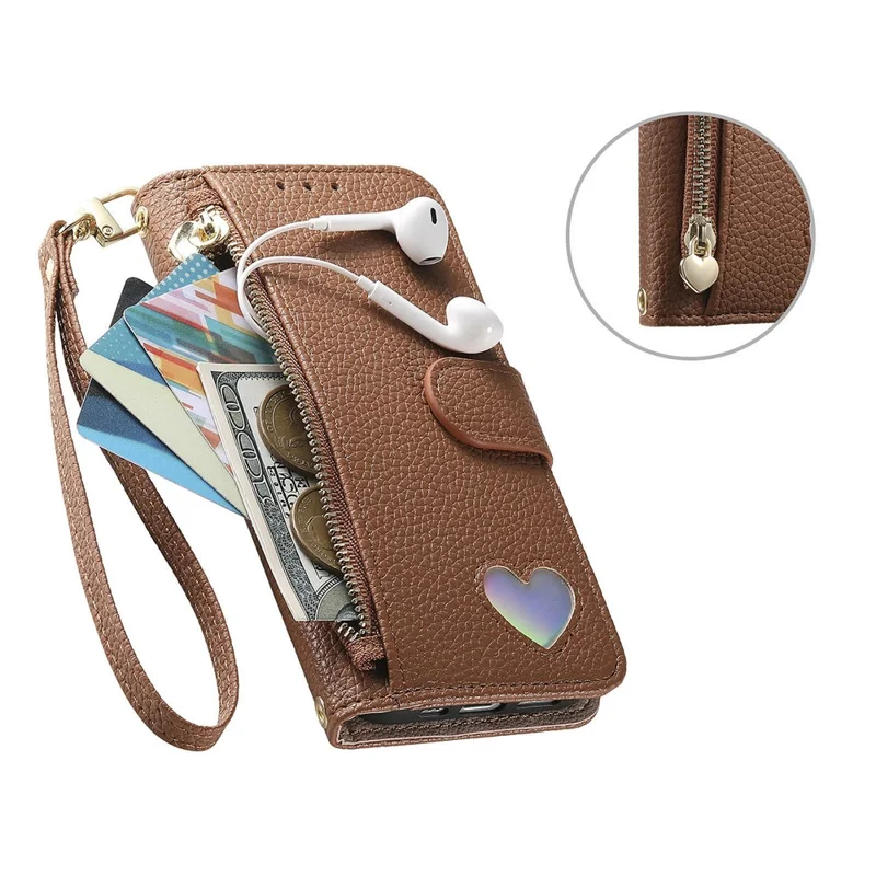 For Natural AI Phone Case Zipper Pocket TPU PU Leather Wallet Phone Cover with Strap - Brown