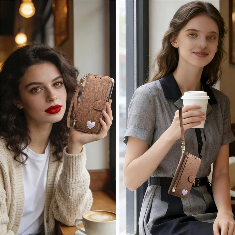 For Natural AI Phone Case Zipper Pocket TPU PU Leather Wallet Phone Cover with Strap - Brown