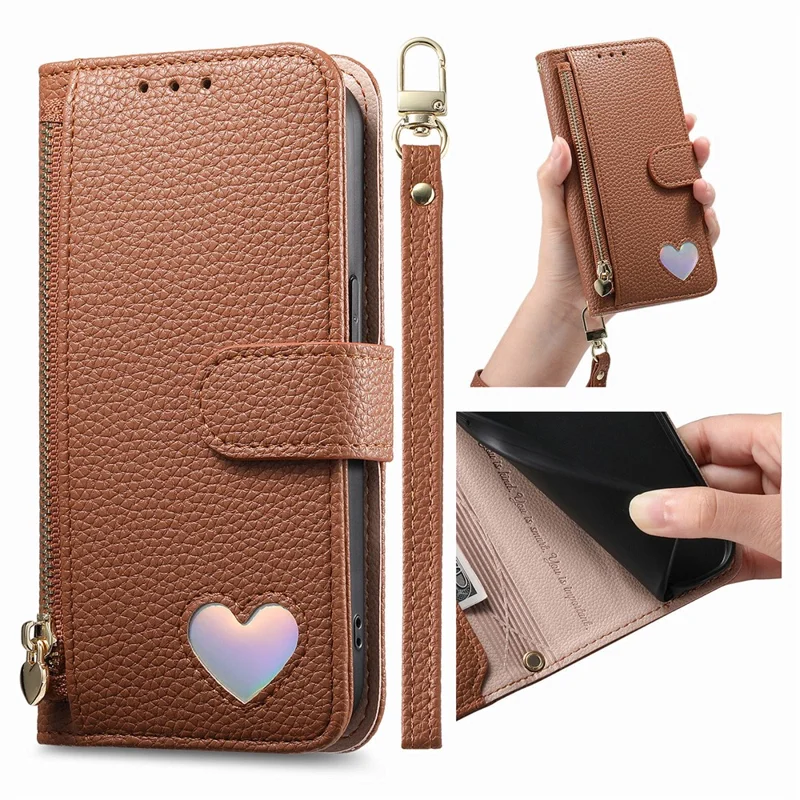 For Natural AI Phone Case Zipper Pocket TPU PU Leather Wallet Phone Cover with Strap - Brown
