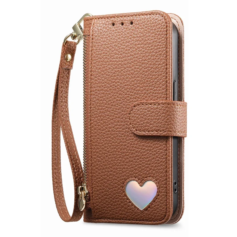 For Natural AI Phone Case Zipper Pocket TPU PU Leather Wallet Phone Cover with Strap - Brown