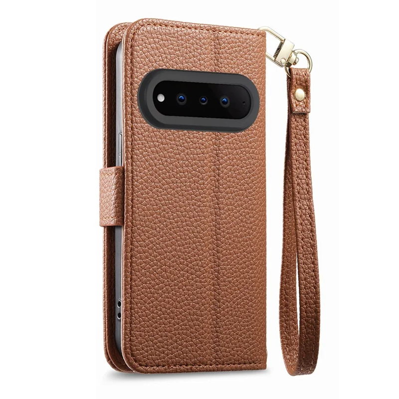 For Natural AI Phone Case Zipper Pocket TPU PU Leather Wallet Phone Cover with Strap - Brown