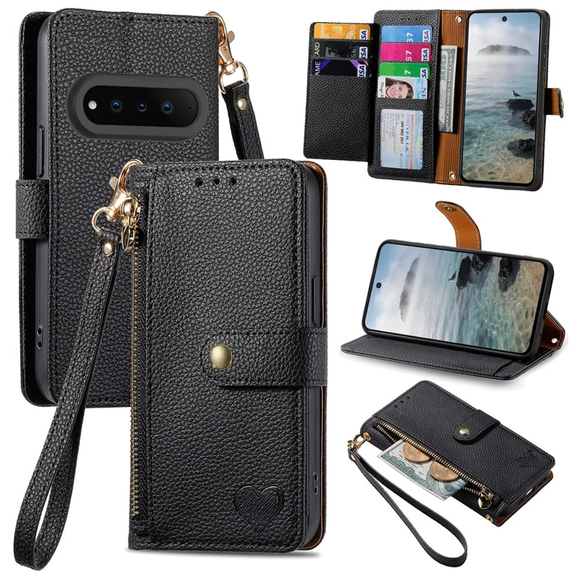 For Natural AI Phone Case RFID Blocking Zipper Pocket Leather Wallet Phone Cover with Strap - Black