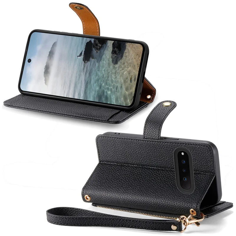 For Natural AI Phone Case RFID Blocking Zipper Pocket Leather Wallet Phone Cover with Strap - Black