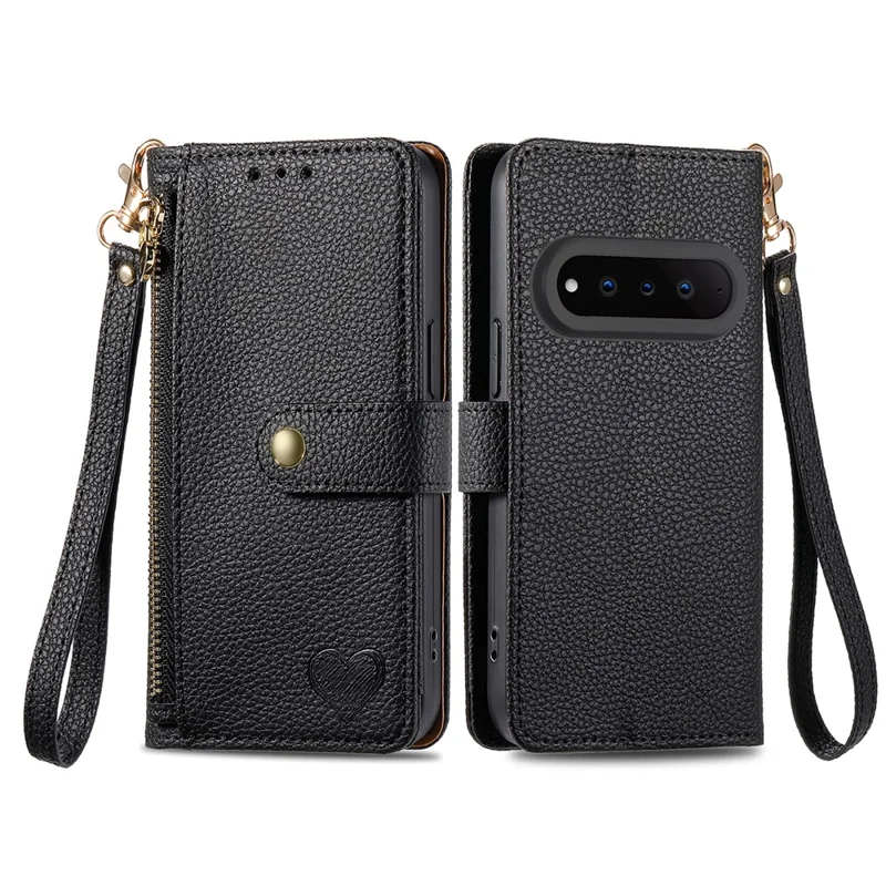 For Natural AI Phone Case RFID Blocking Zipper Pocket Leather Wallet Phone Cover with Strap - Black