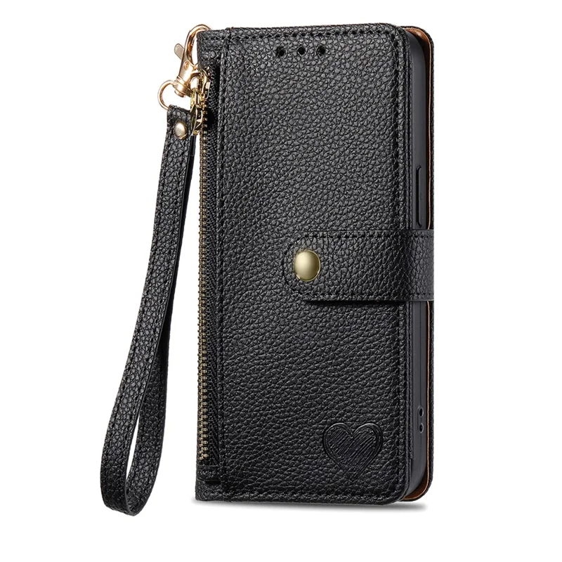 For Natural AI Phone Case RFID Blocking Zipper Pocket Leather Wallet Phone Cover with Strap - Black