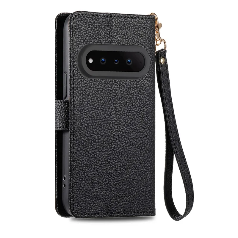 For Natural AI Phone Case RFID Blocking Zipper Pocket Leather Wallet Phone Cover with Strap - Black