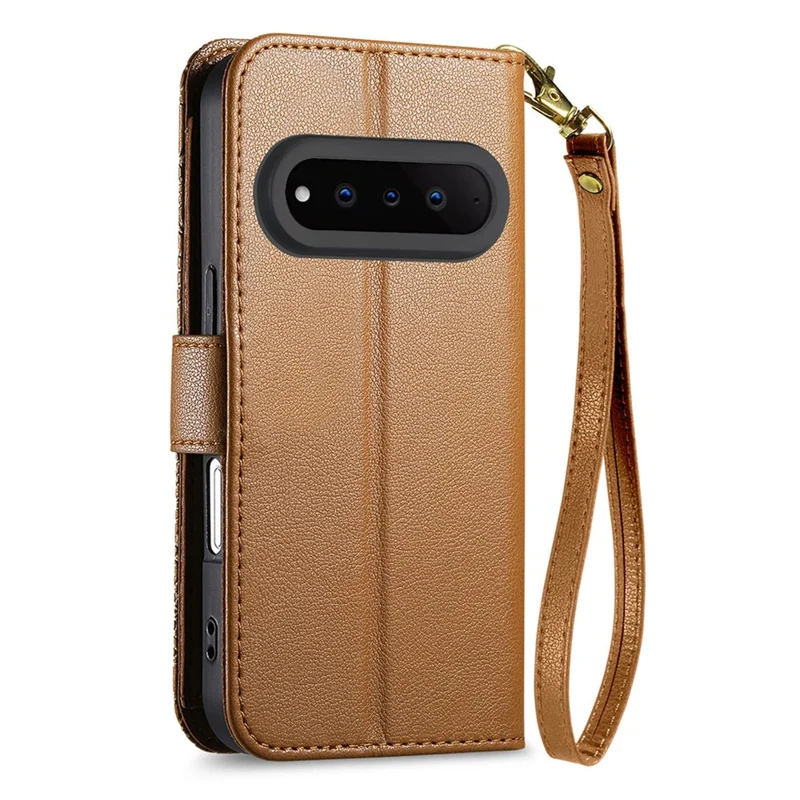 For Natural AI Phone Case Floral Leaf Pattern Multi Card Slots Zipper Leather Phone Cover with Wrist Strap - Brown