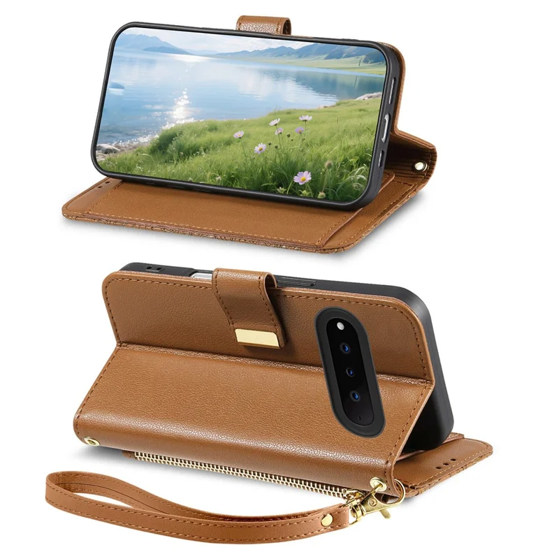 For Natural AI Phone Case Floral Leaf Pattern Multi Card Slots Zipper Leather Phone Cover with Wrist Strap - Brown