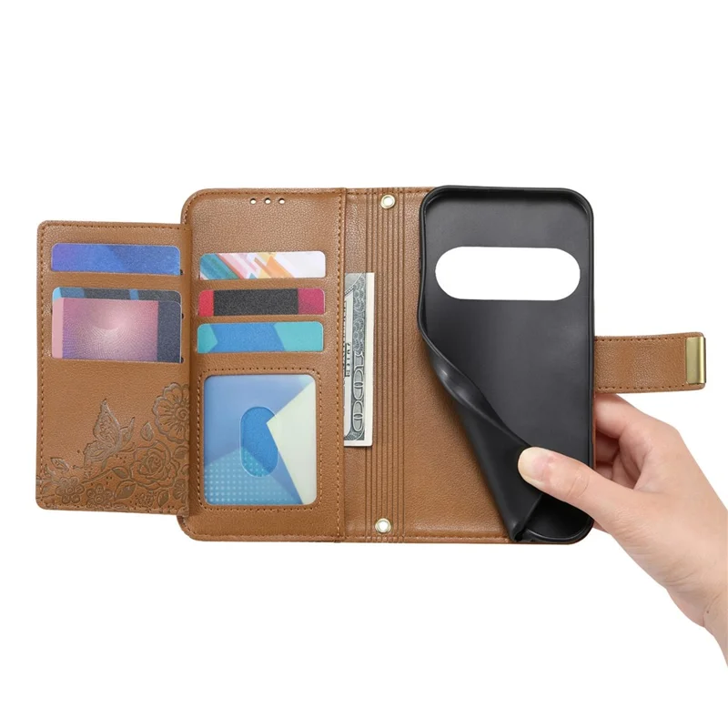For Natural AI Phone Case Floral Leaf Pattern Multi Card Slots Zipper Leather Phone Cover with Wrist Strap - Brown