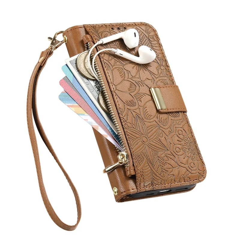 For Natural AI Phone Case Floral Leaf Pattern Multi Card Slots Zipper Leather Phone Cover with Wrist Strap - Brown