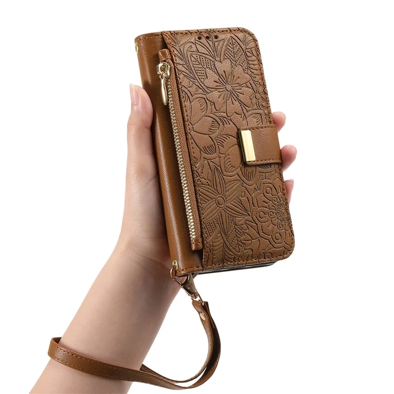 For Natural AI Phone Case Floral Leaf Pattern Multi Card Slots Zipper Leather Phone Cover with Wrist Strap - Brown