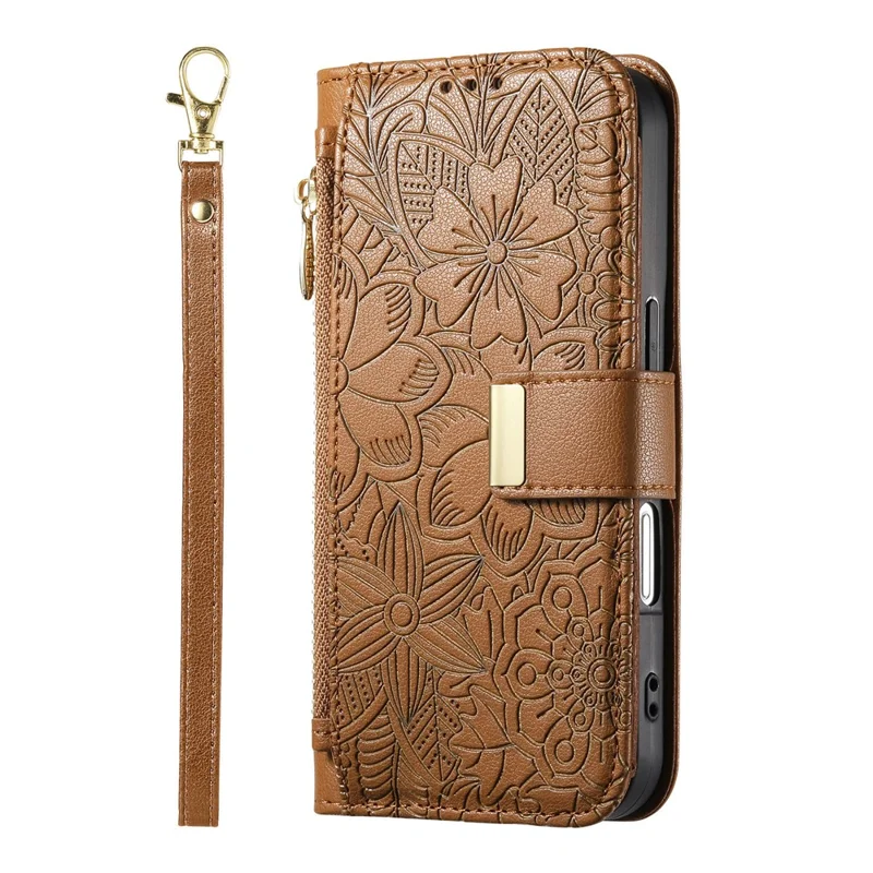 For Natural AI Phone Case Floral Leaf Pattern Multi Card Slots Zipper Leather Phone Cover with Wrist Strap - Brown
