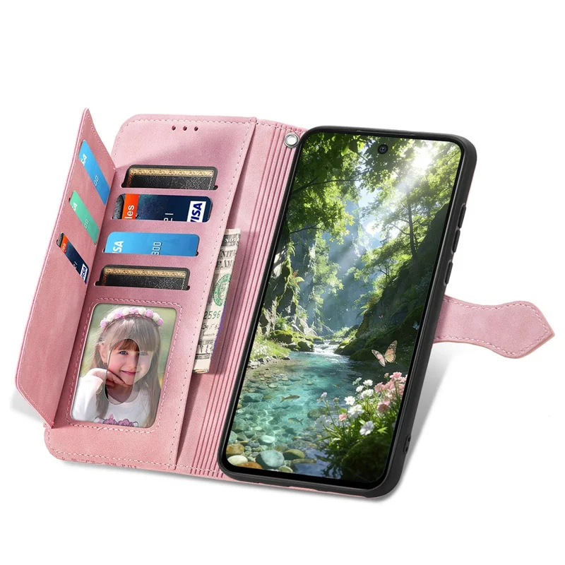 For Natural AI Phone Zipper Wallet Case with Strap Flower Imprint PU Leather Phone Cover - Pink