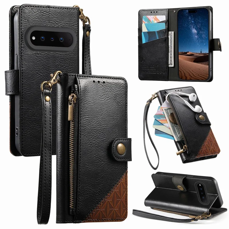 For Natural AI Phone Case Color Splicing TPI PU Leather Flip Shockproof Phone Cover with Wrist Strap - Black